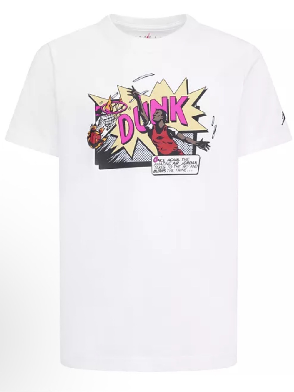 NWT Youth Nike White Graphic 'Dunk' Comic Tee with Pink & Yellow Accents